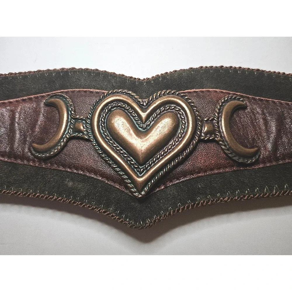 Vintage 90s Suede Corset Belt Brown Leather Heart Crescent Moon Waist Cinch M L